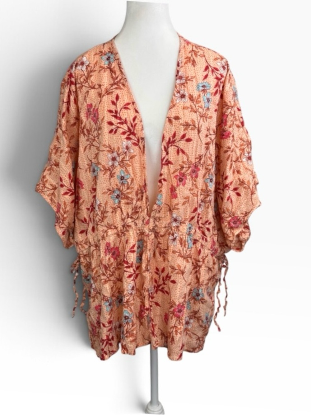 Haute Hippie Claire Boho Peach Floral Kimono Drawstring Tunic Size Large